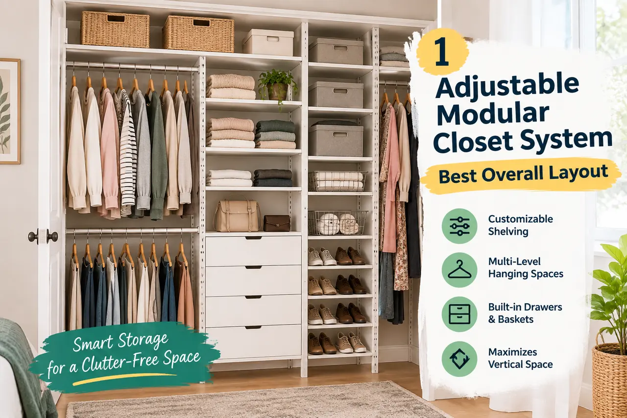 Adjustable modular closet system with hanging rods, shelves, drawers, and baskets