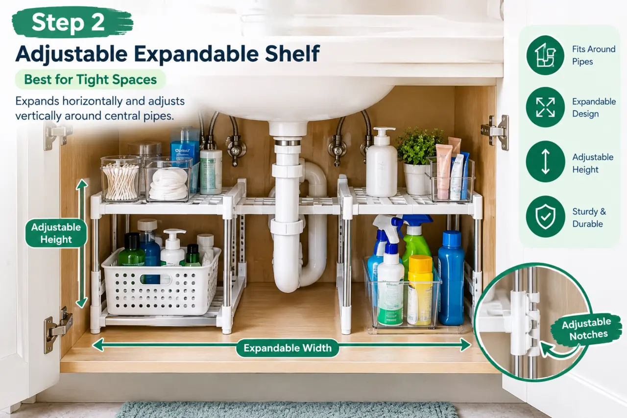 Adjustable expandable shelf fitted around bathroom sink pipes