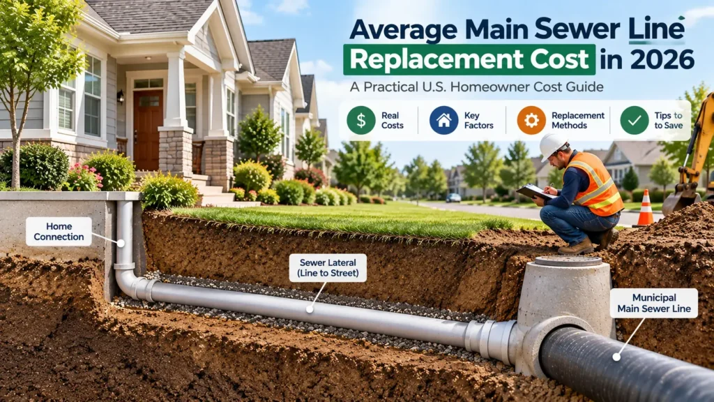 Average main sewer line replacement cost in 2026 with residential sewer lateral and contractor