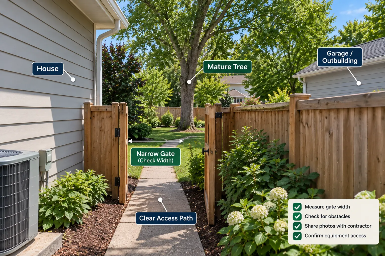 Narrow backyard access route affecting a tree removal estimate