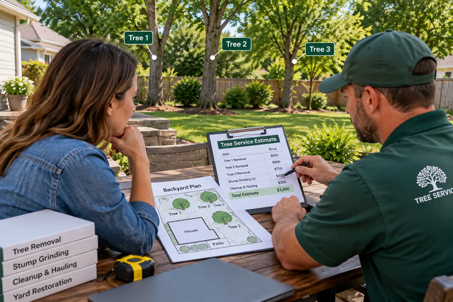 Homeowner reviewing an itemized backyard tree removal estimate with an arborist