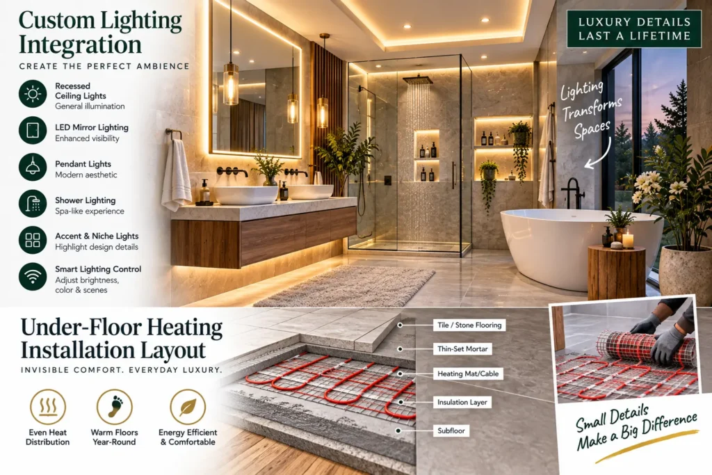 Custom bathroom lighting and under-floor heating layout