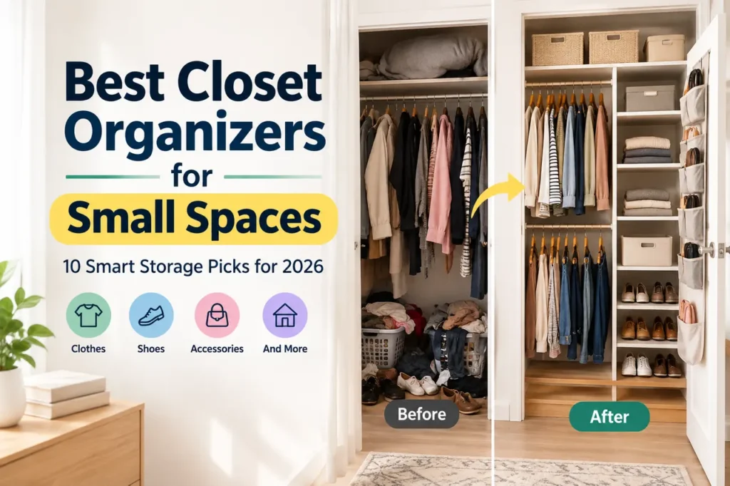 Small closet organized with shelves, hanging rods, drawers, and shoe storage