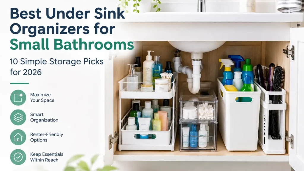 Best under sink organizers for small bathrooms arranged around bathroom plumbing