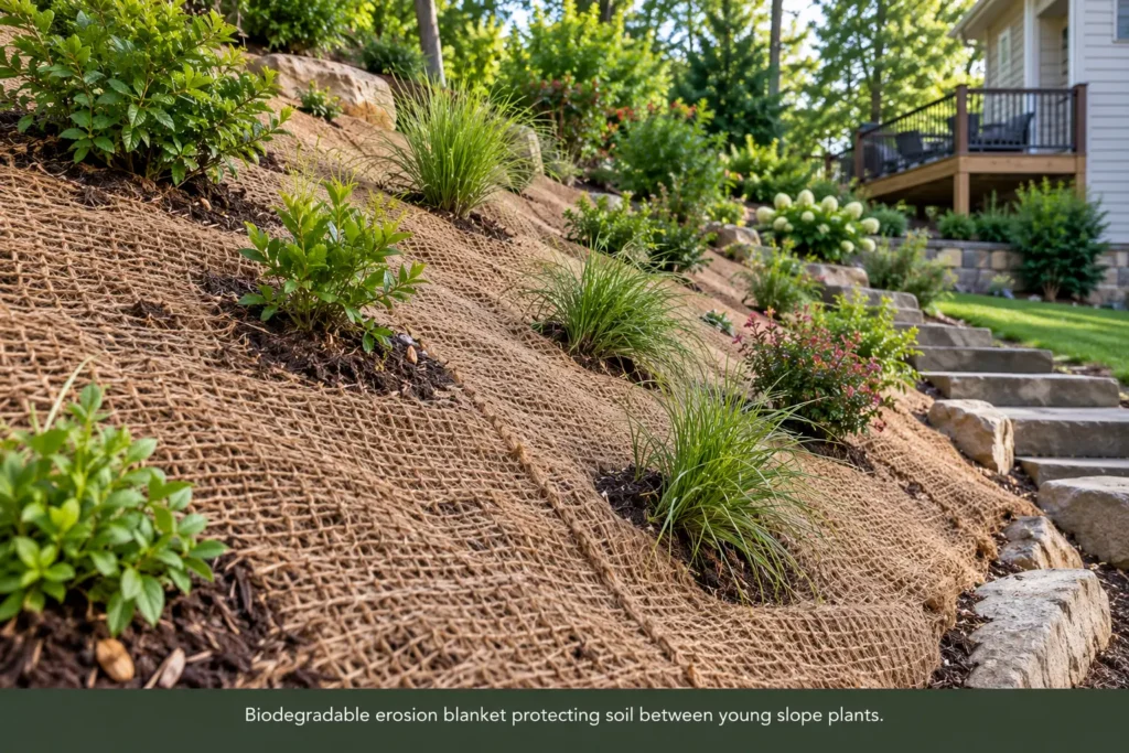 Biodegradable erosion blanket protecting soil between young slope plants
