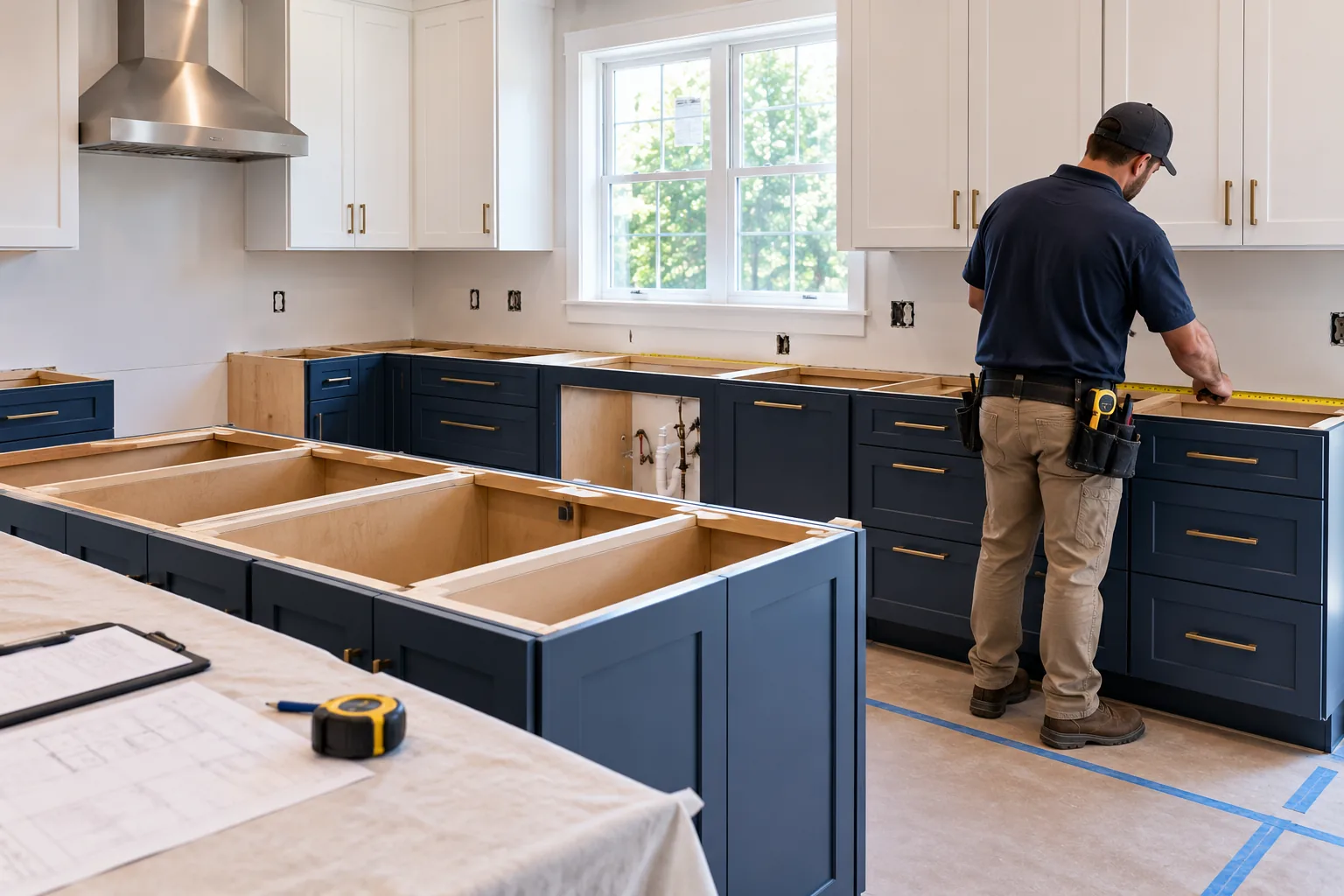 Installed kitchen base cabinets awaiting countertop measurement