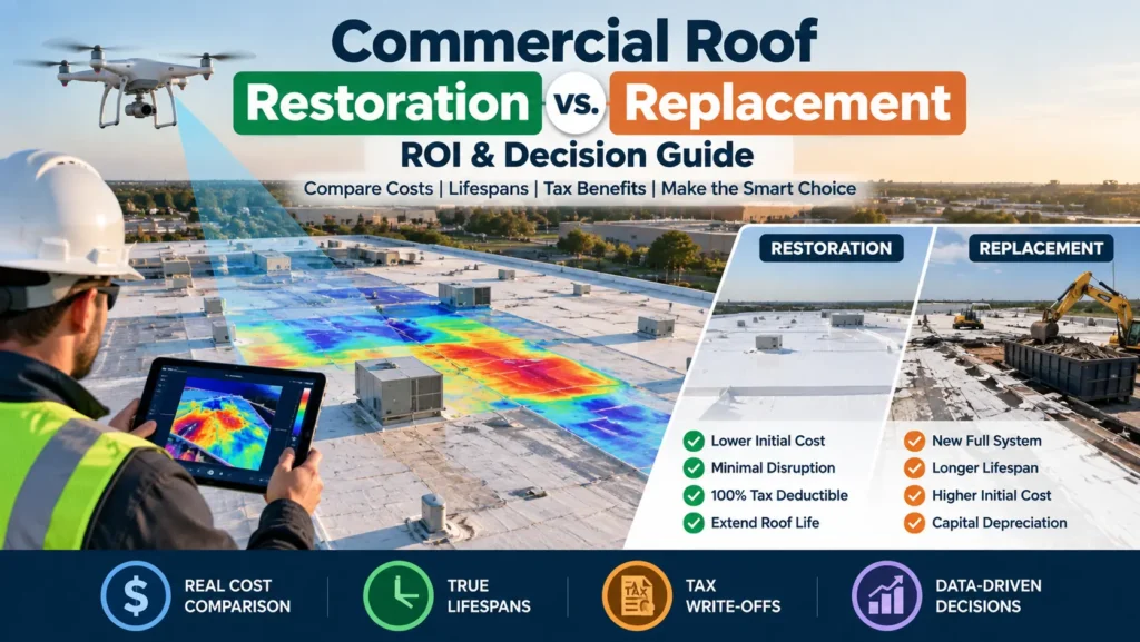 Commercial roof restoration vs replacement decision guide with thermal scan and cost comparison