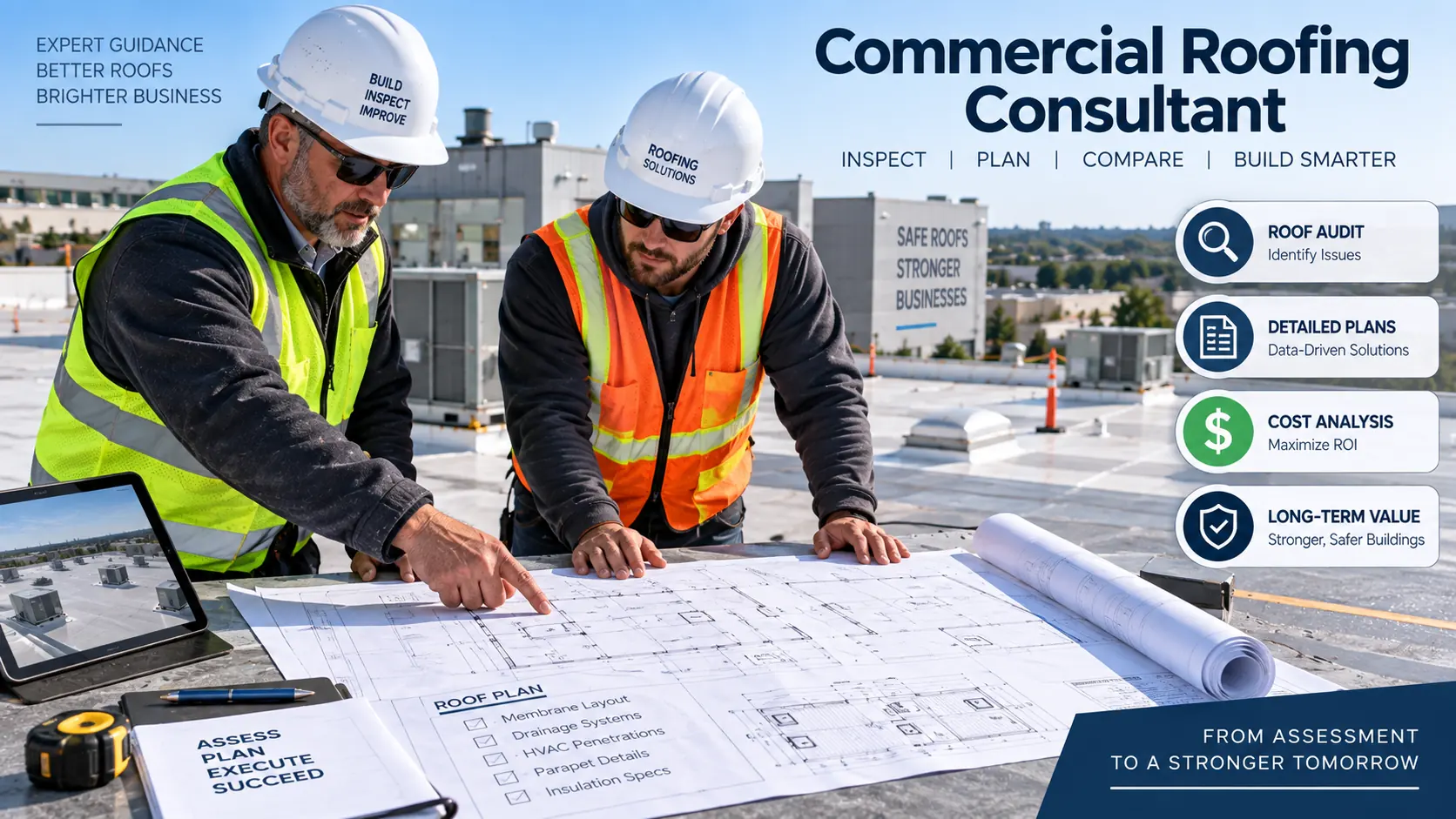 Commercial roofing replacement companies consultant reviewing roof plans and project details