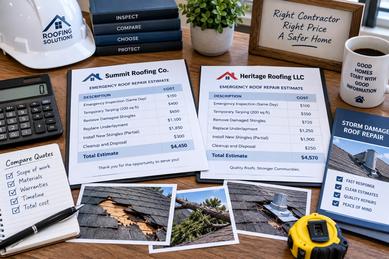 Itemized roofing estimates beside a calculator and roof damage photographs