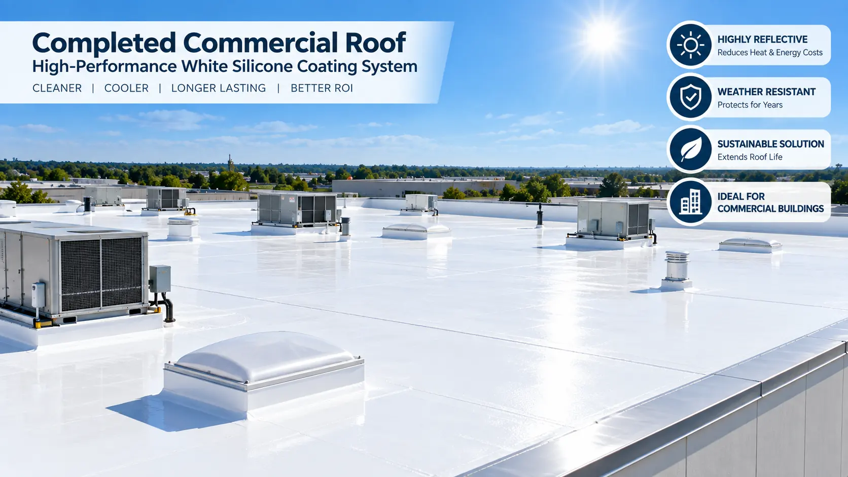 Completed commercial roof with high-performance white silicone coating