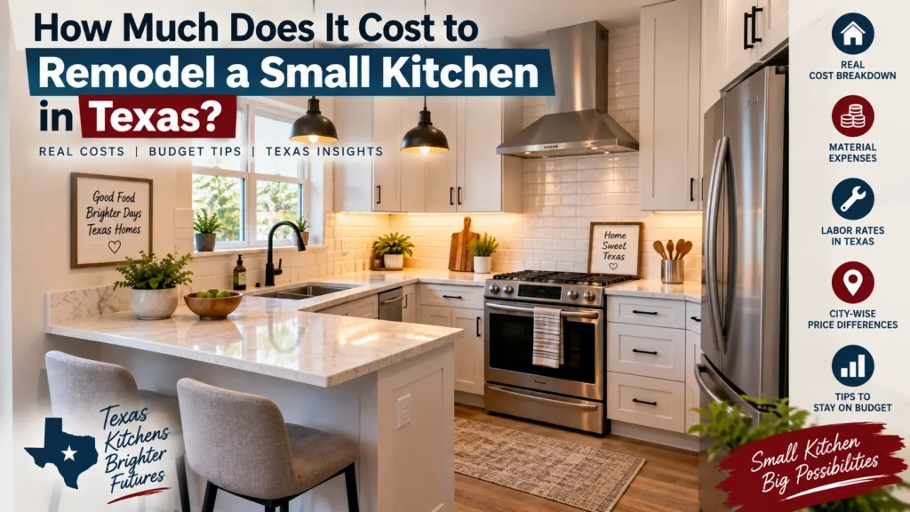 Cost to remodel a small kitchen in Texas with modern white cabinets, stone counters, and stainless appliances