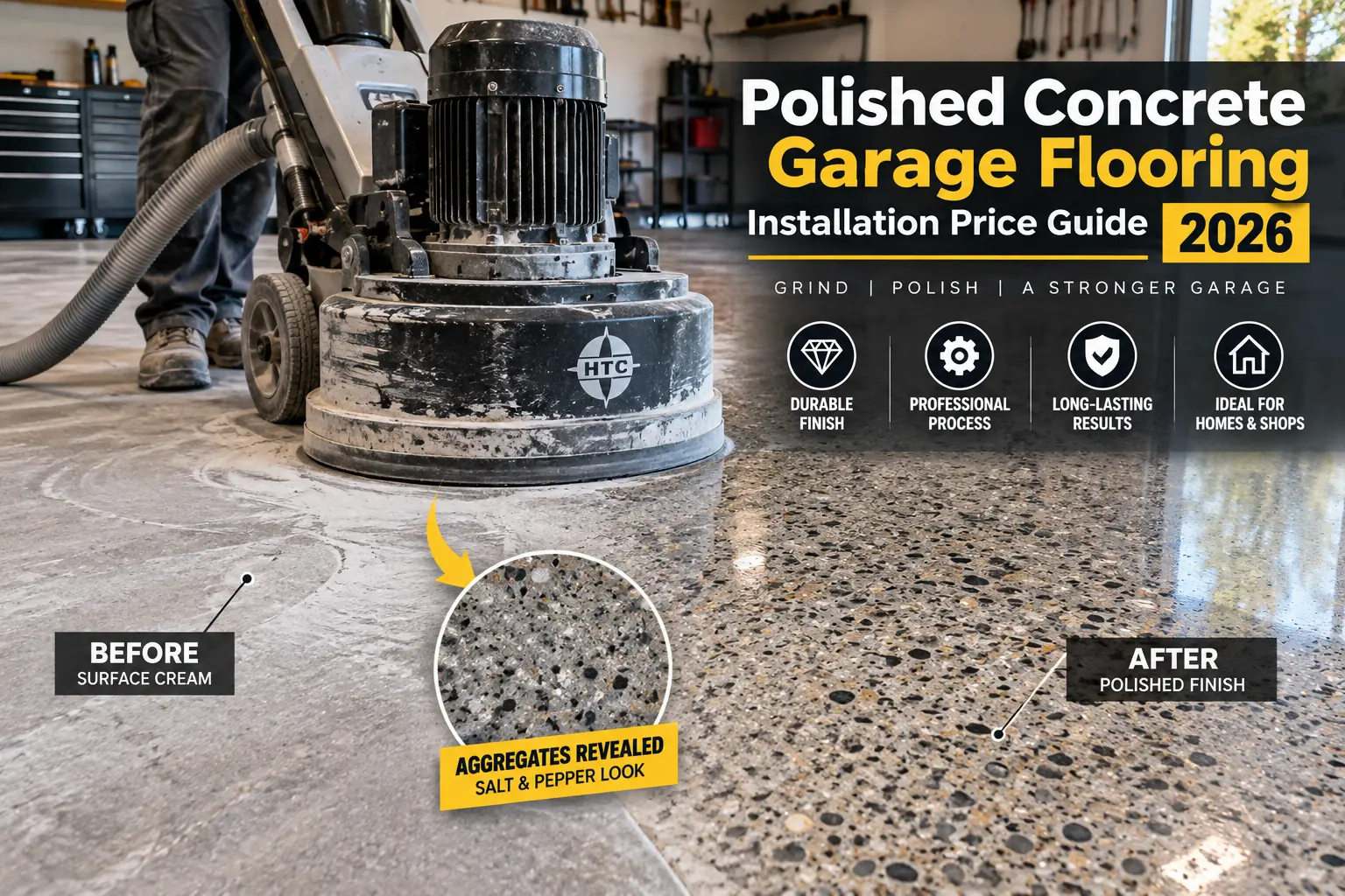 Diamond grind concrete polishing process revealing aggregate in a garage floor