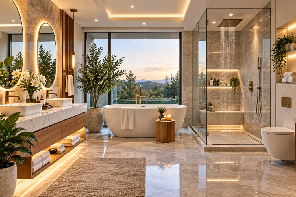 Bespoke double floating vanity with stone slab backsplash