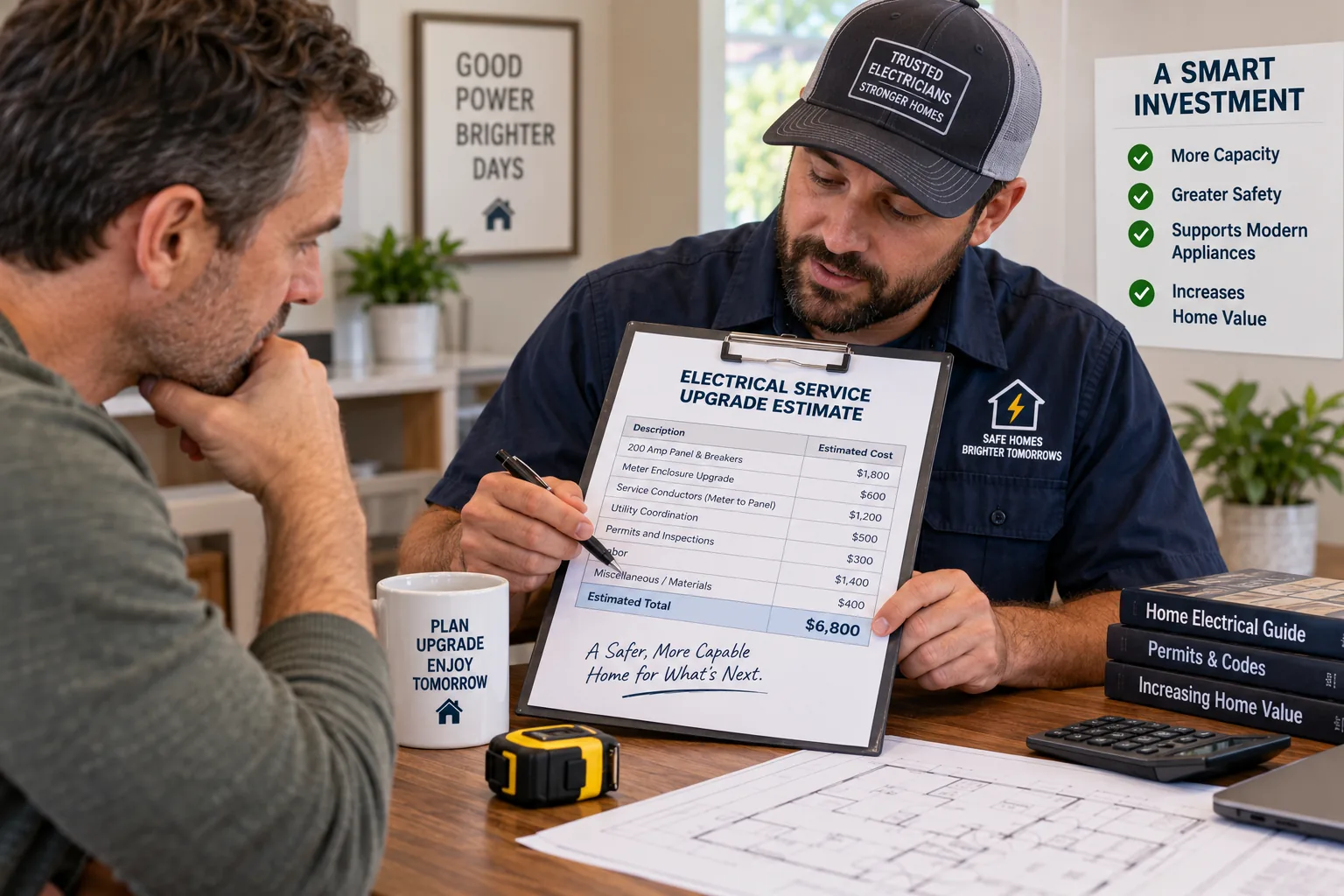 Homeowner and electrician reviewing an electrical service upgrade estimate