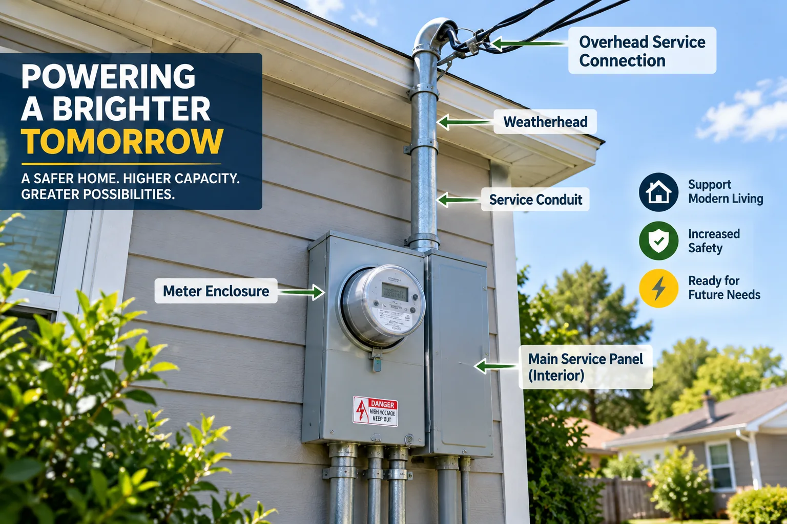 Exterior meter enclosure and overhead electrical service connection