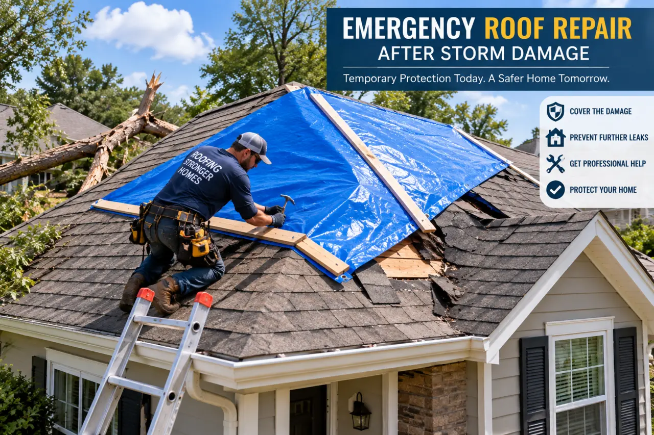Professional securing a temporary tarp over a storm-damaged roof