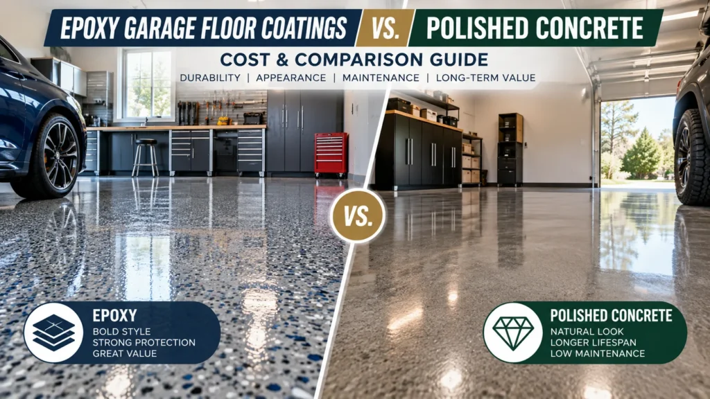 Epoxy garage floor coatings vs polished concrete cost and comparison guide