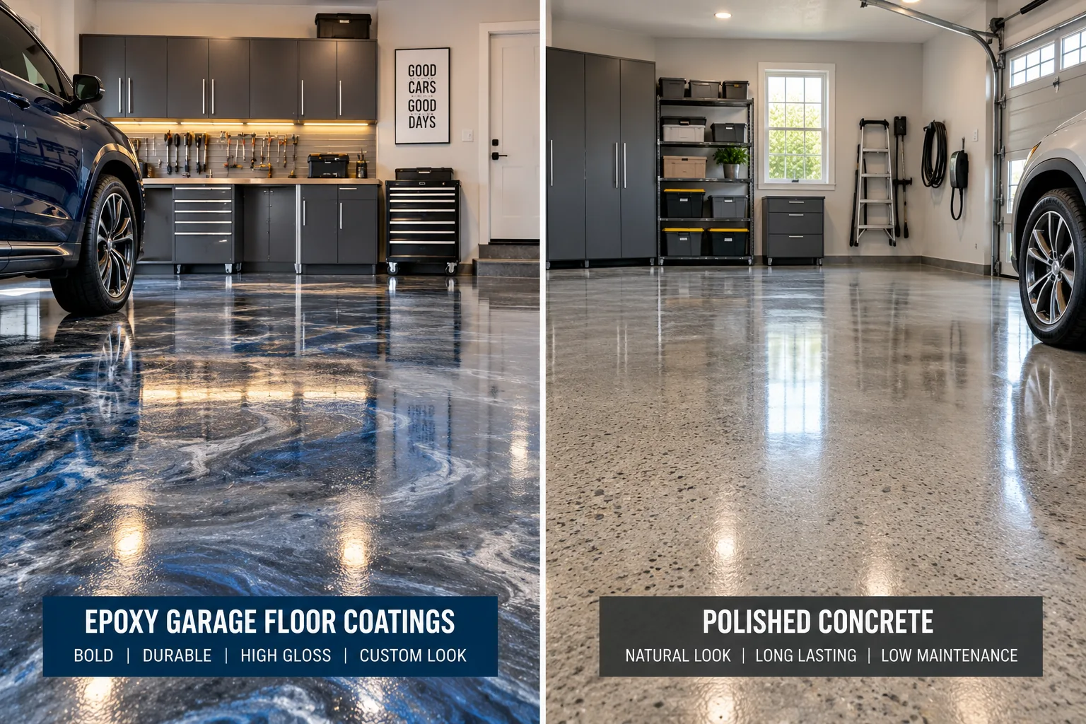 Epoxy garage floor coatings vs polished concrete in a side-by-side garage comparison