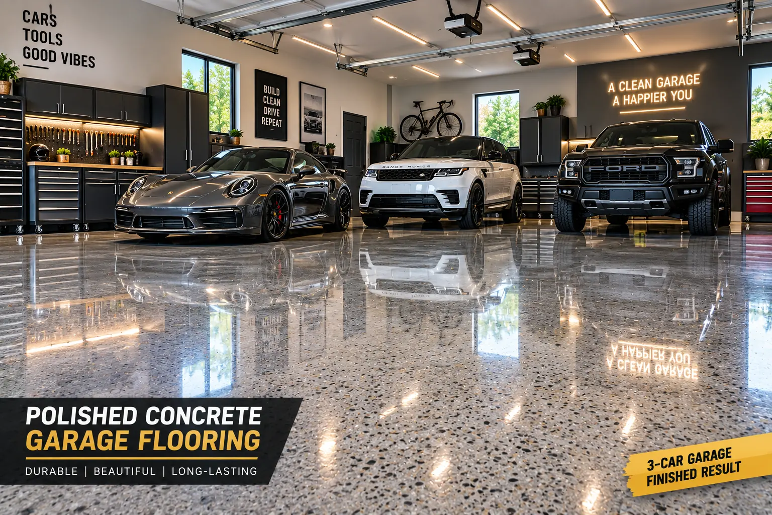 Finished three-car garage with high-gloss polished concrete garage flooring