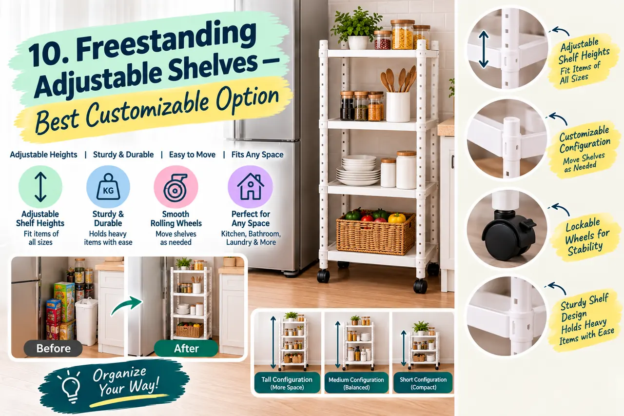 Freestanding adjustable shelves organized with clothing, shoes, and bins