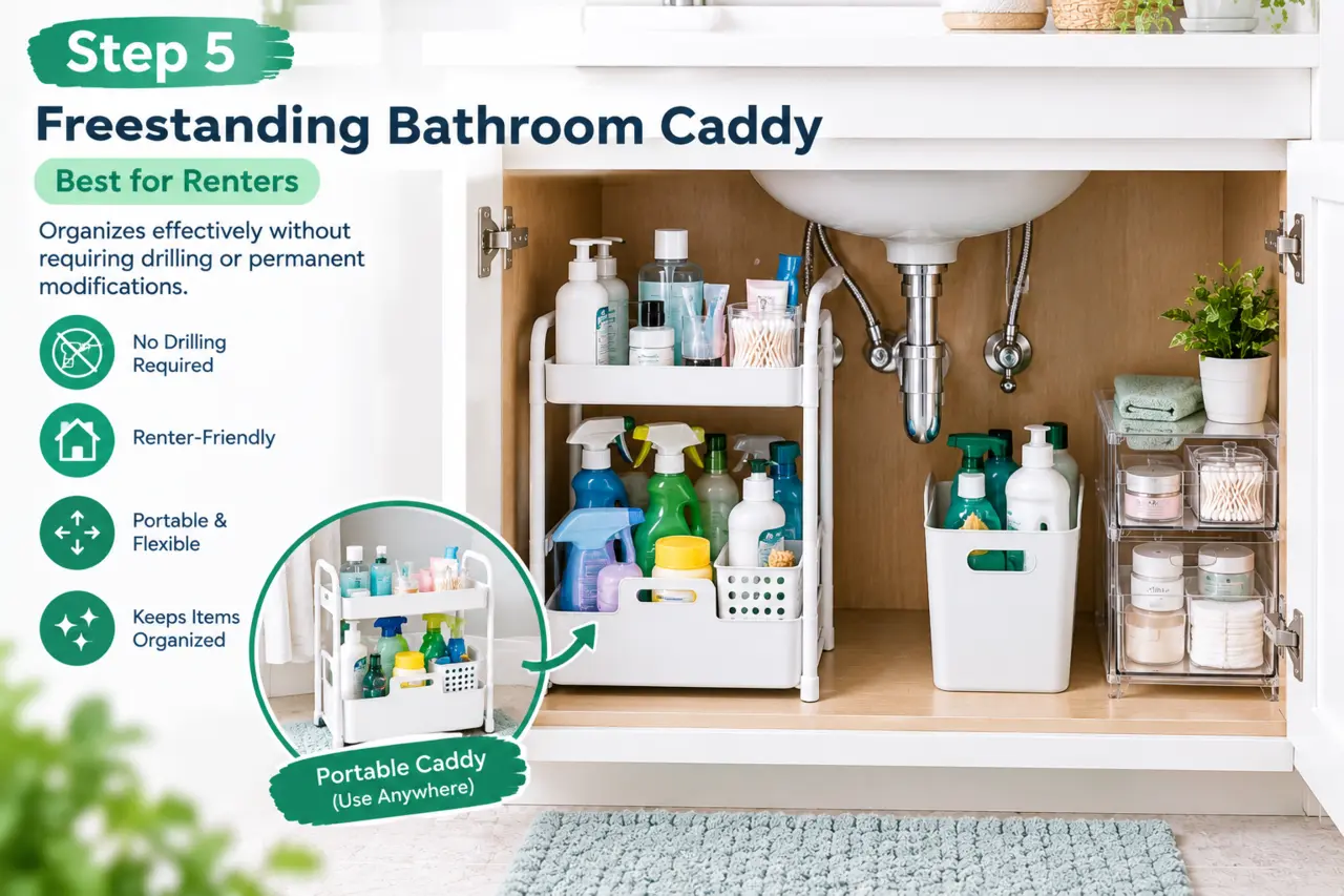 Freestanding bathroom caddy stored below a small sink