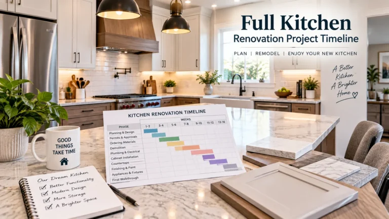 Finished kitchen with a renovation calendar on the island