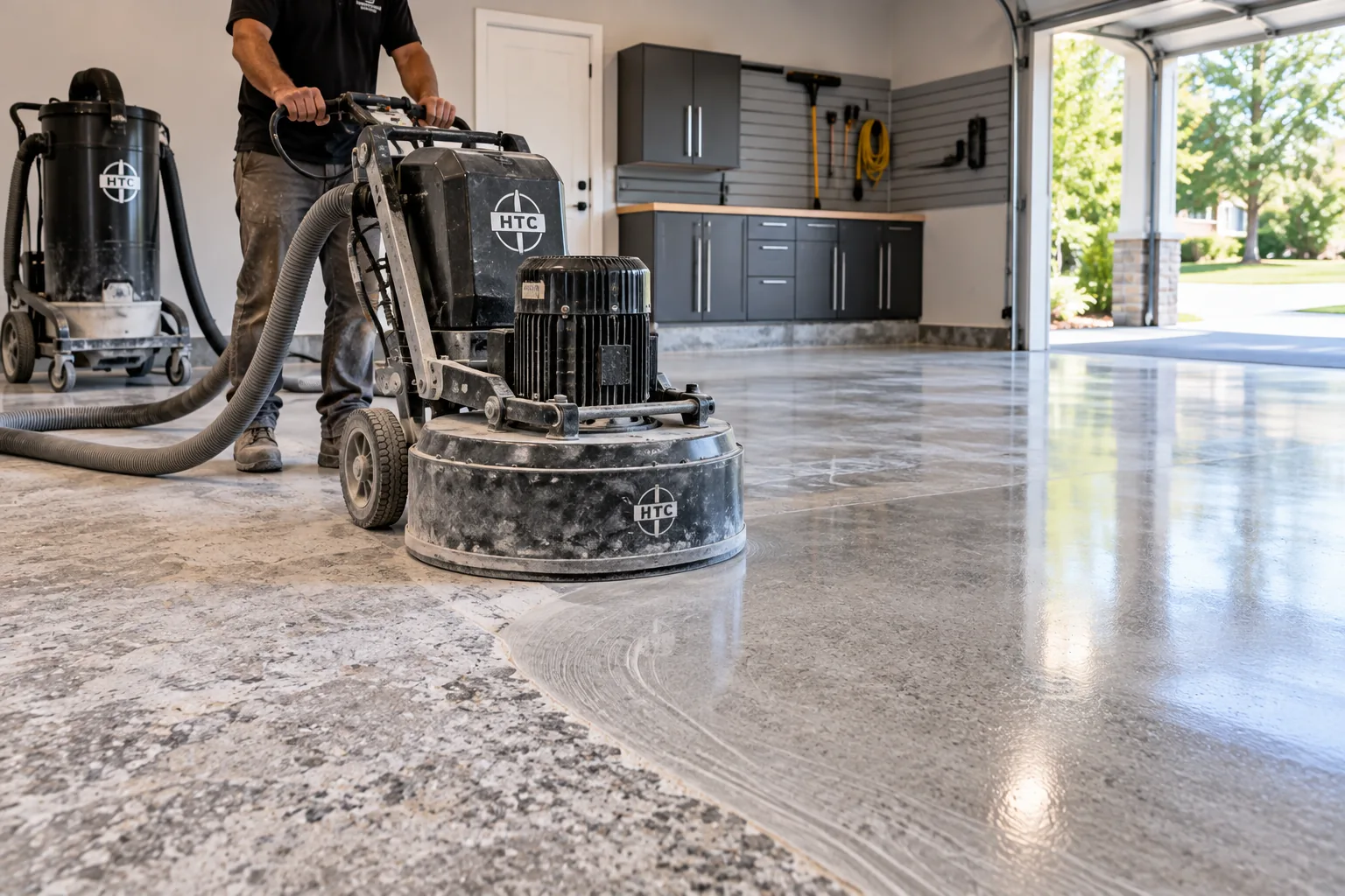 Contractor using a planetary diamond grinder to prepare a garage concrete floor