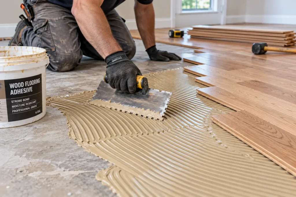 Contractor applying adhesive for glue-down hardwood flooring