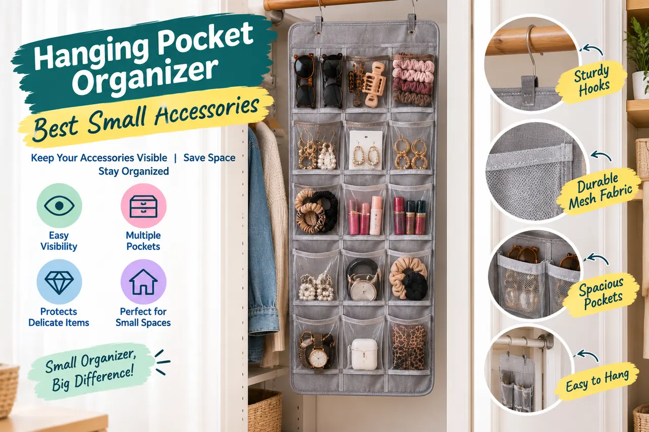 Hanging pocket organizer storing belts, scarves, and small accessories