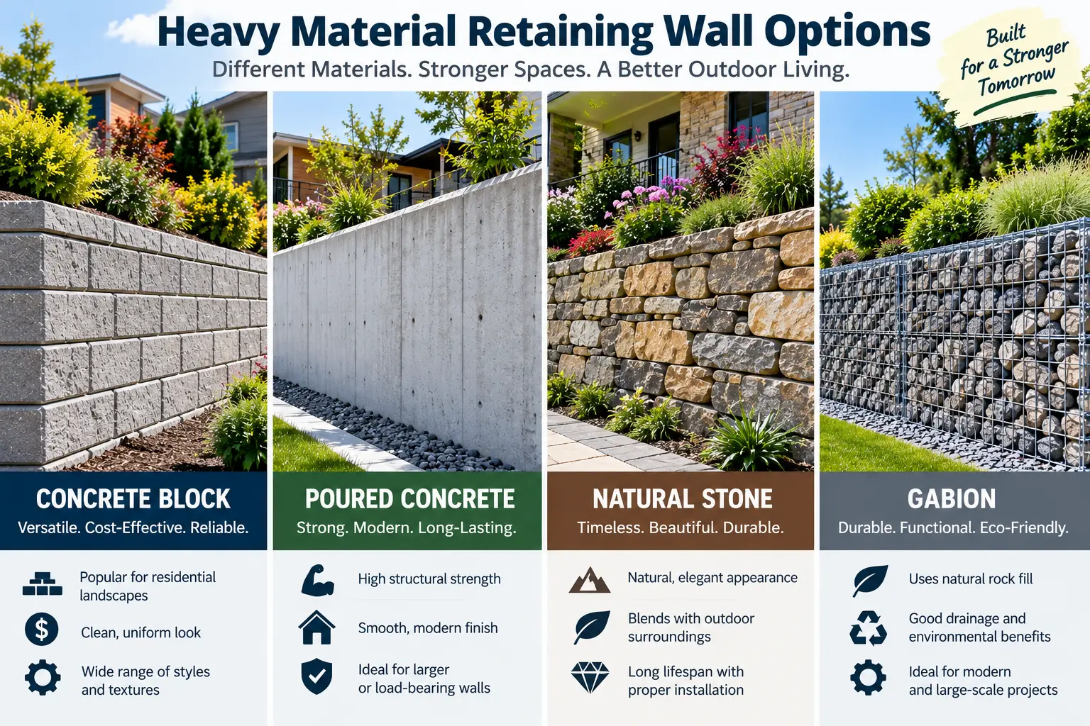 Retaining wall installation cost options for concrete block, poured concrete, natural stone, and gabion walls