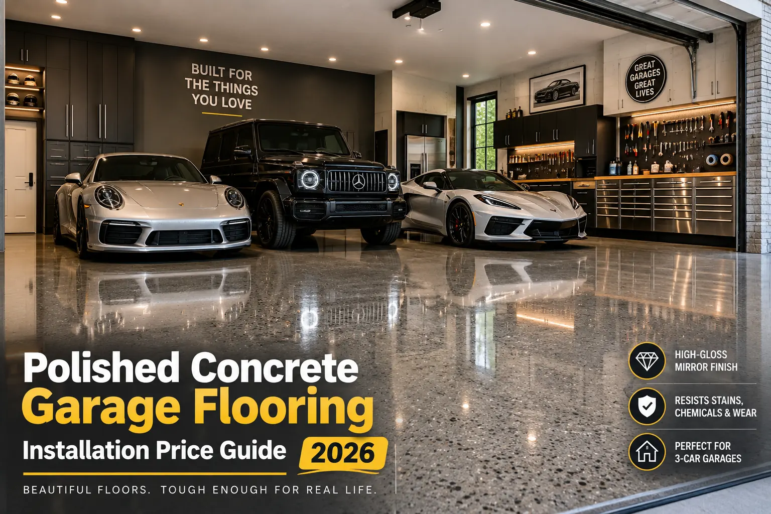 High-gloss polished concrete garage flooring in a luxury three-car garage