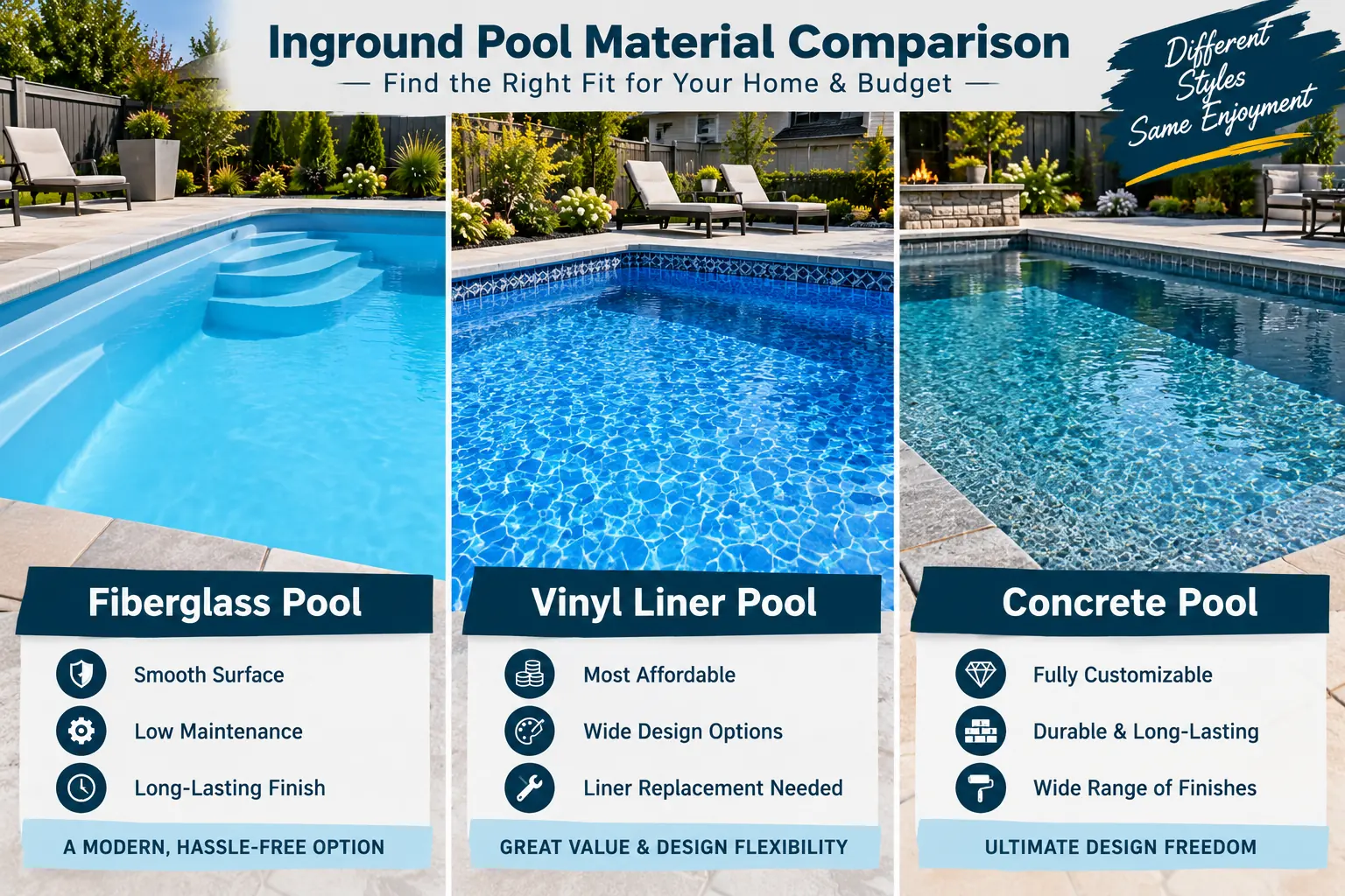 Fiberglass, vinyl liner, and concrete material comparison for a low-maintenance inground pool