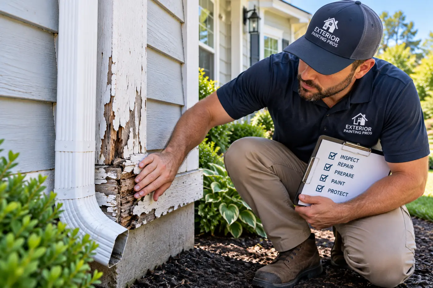 Contractor inspecting damaged exterior wood trim near a downspout