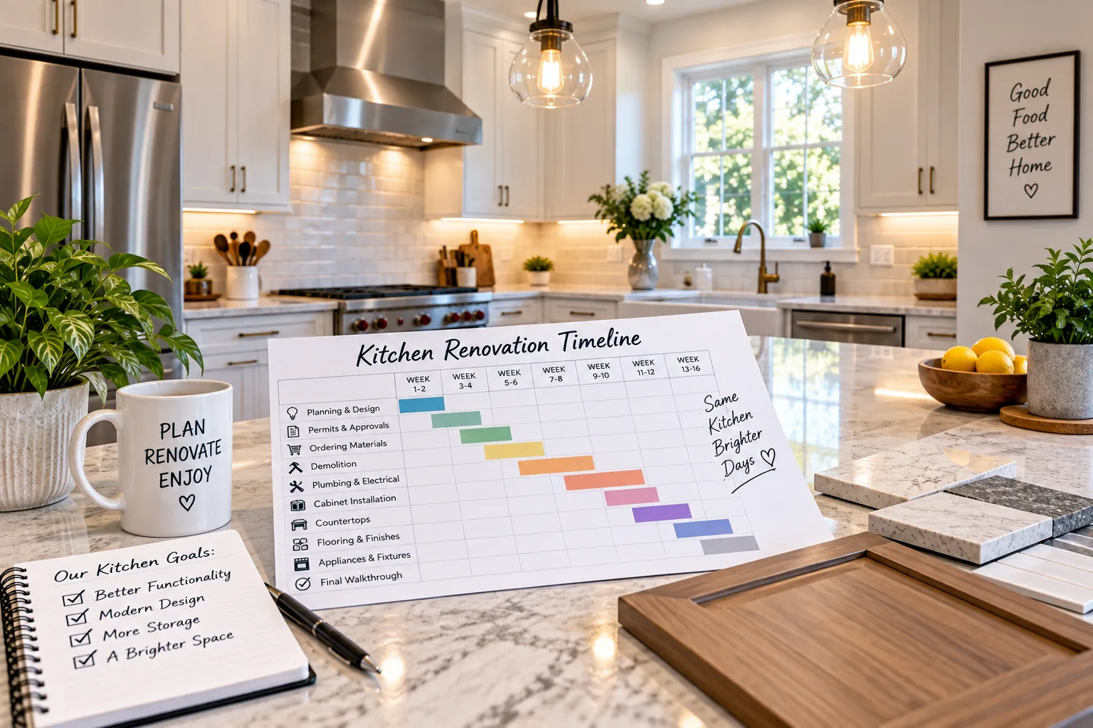Kitchen renovation timeline worksheet with planning notes in a remodeled kitchen