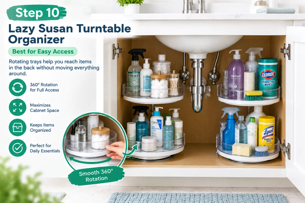 Lazy Susan turntable organizers holding bathroom supplies