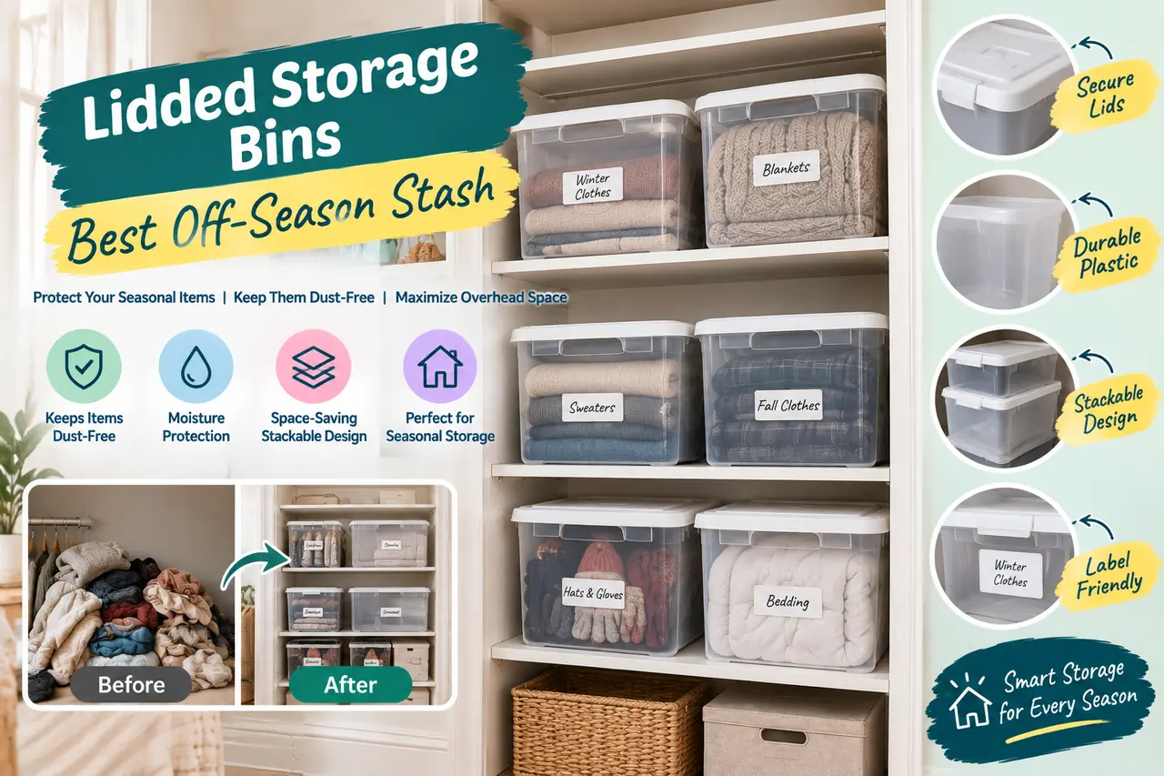 Lidded storage bins labeled for off-season clothing