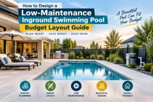 Low-maintenance inground pool budget layout with compact rectangular pool, simple patio, landscaping, and pool equipment