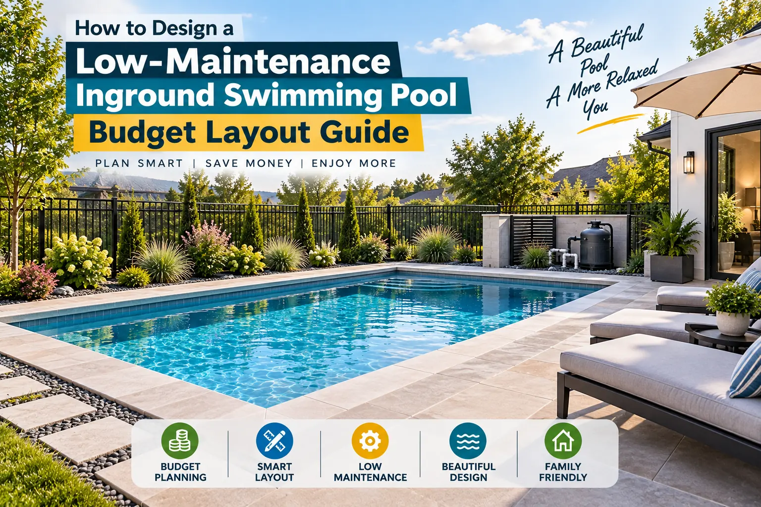Low-maintenance inground pool budget layout with simple rectangular pool, patio, landscaping, and accessible equipment