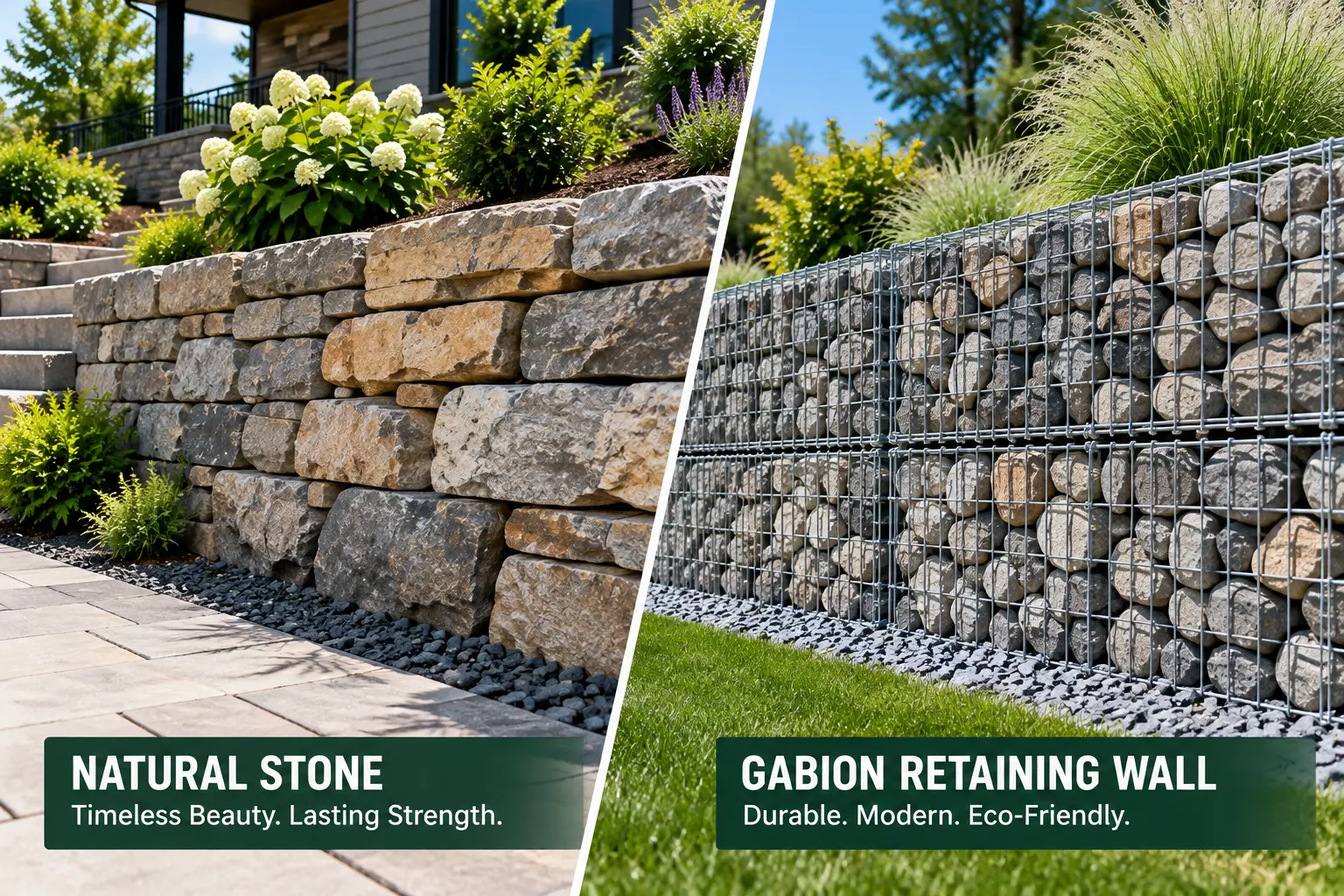 Natural stone retaining wall beside gabion baskets filled with landscape rock