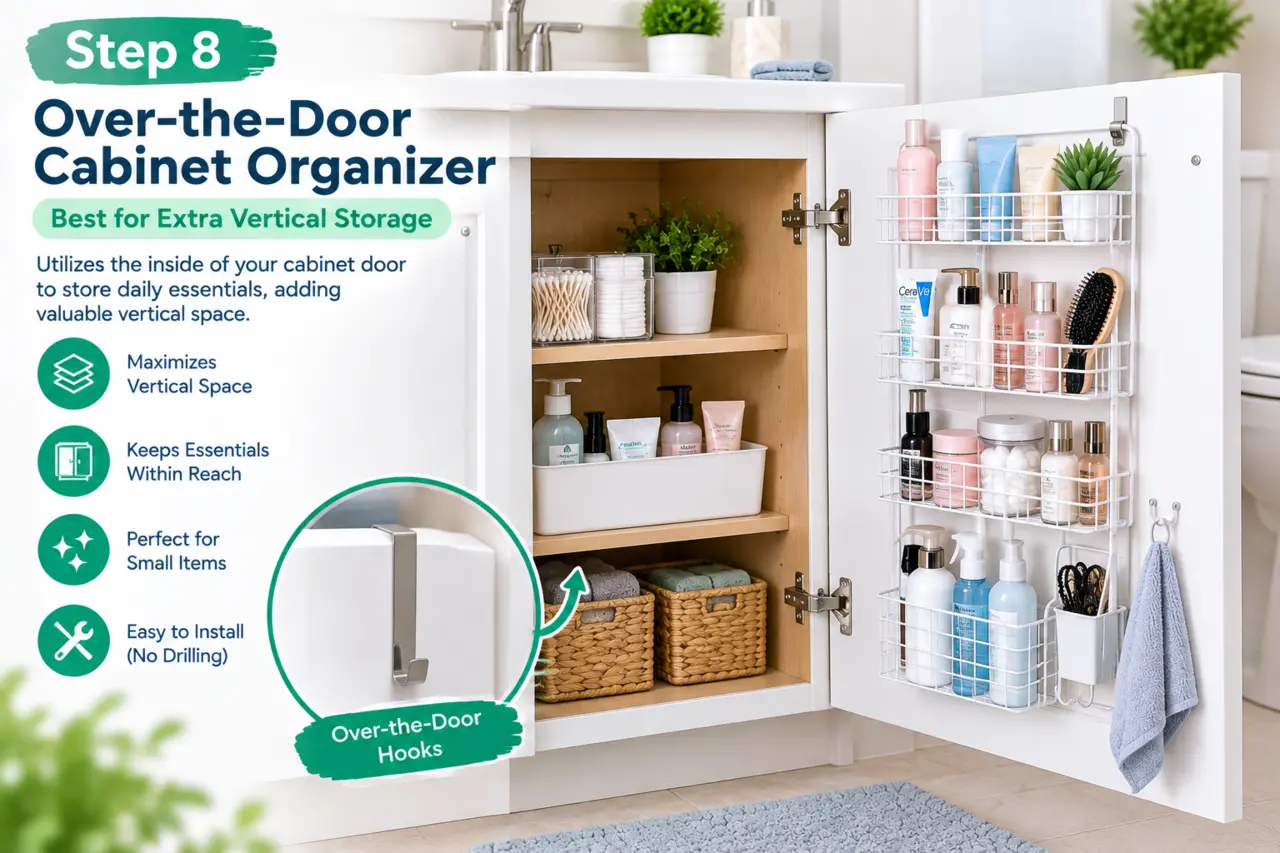 Over-the-door cabinet organizer adding vertical bathroom storage