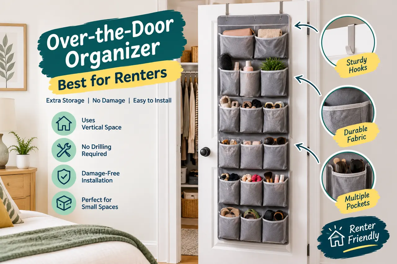 Over-the-door organizer holding shoes and lightweight accessories