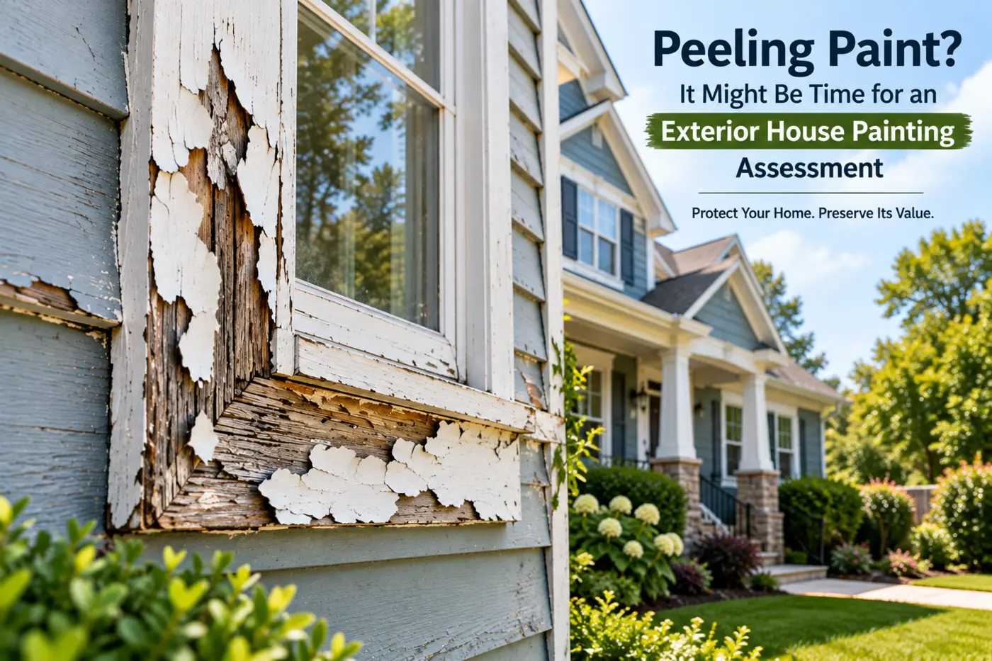 Exterior house painting service inspection of peeling paint exposing wood around a window