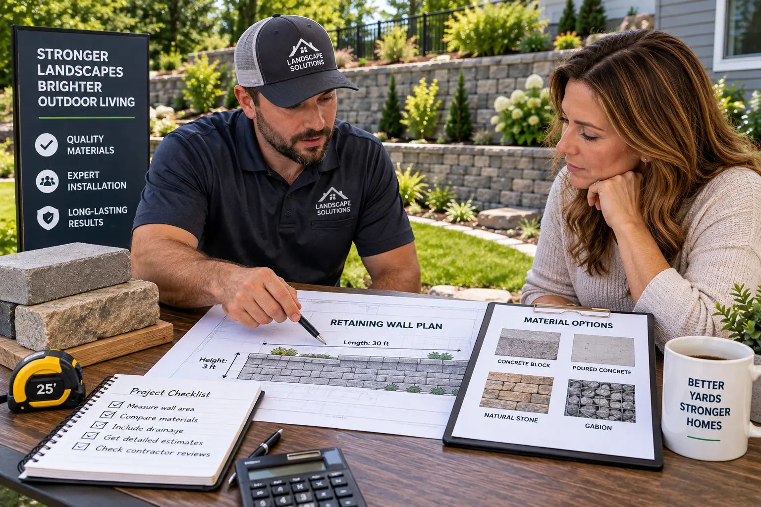 Homeowner reviewing retaining wall dimensions and material samples with a contractor