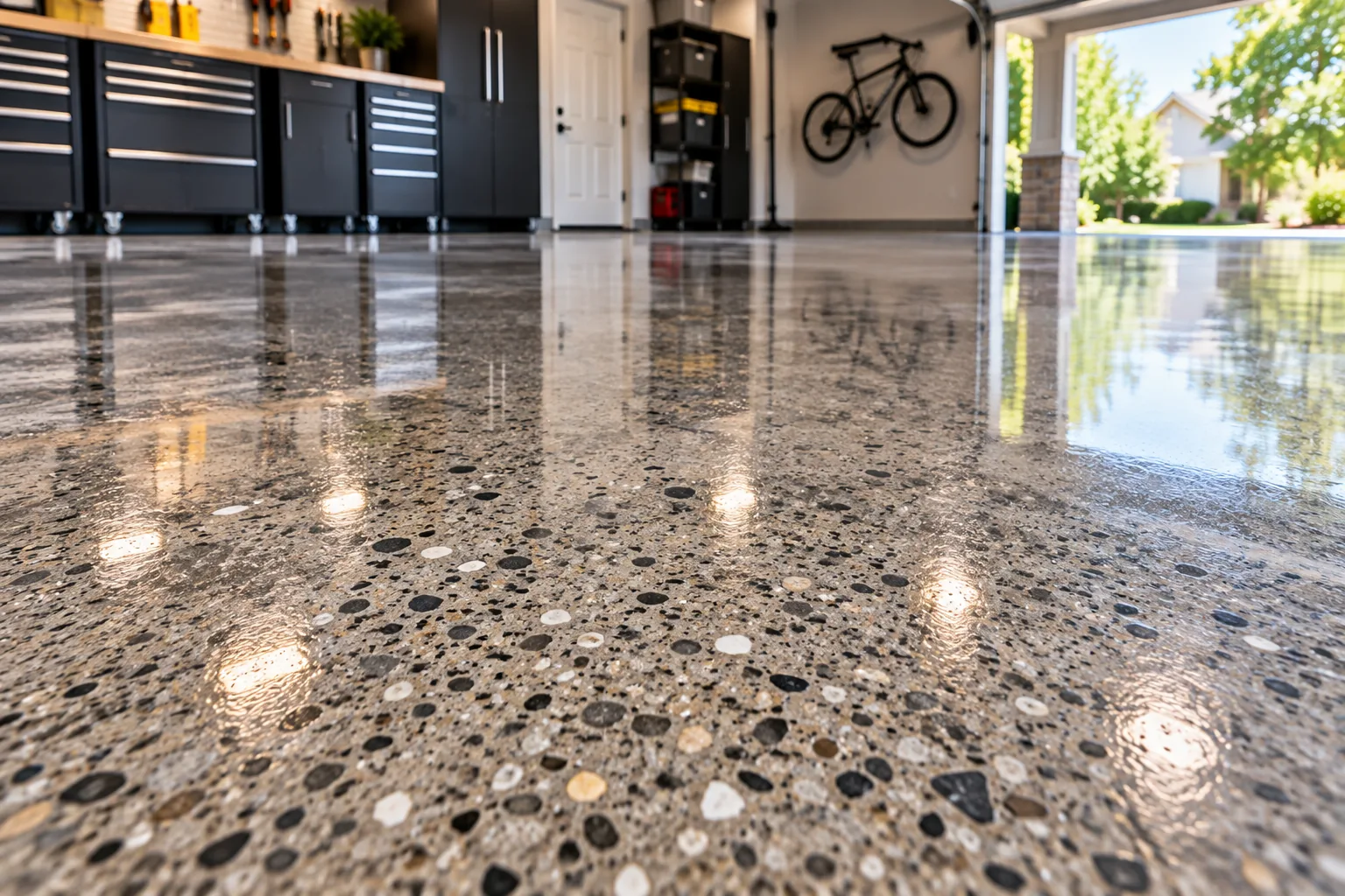 High-gloss polished concrete garage floor with exposed aggregate