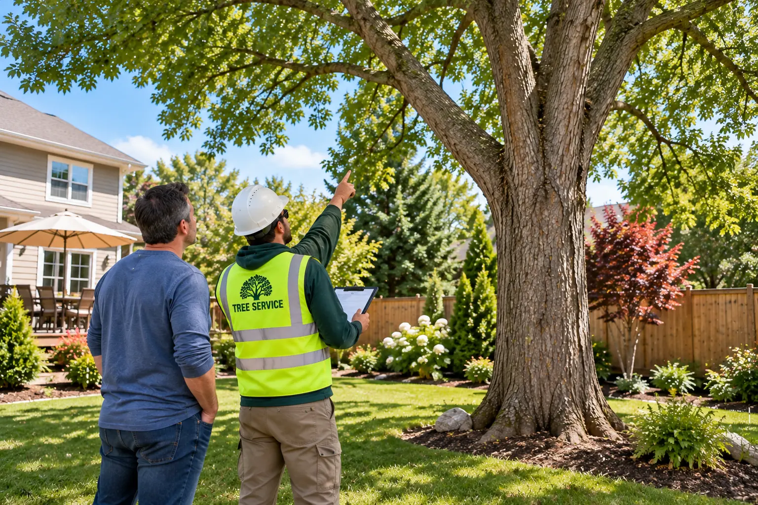 Backyard tree removal cost assessment by a professional tree service in a residential yard