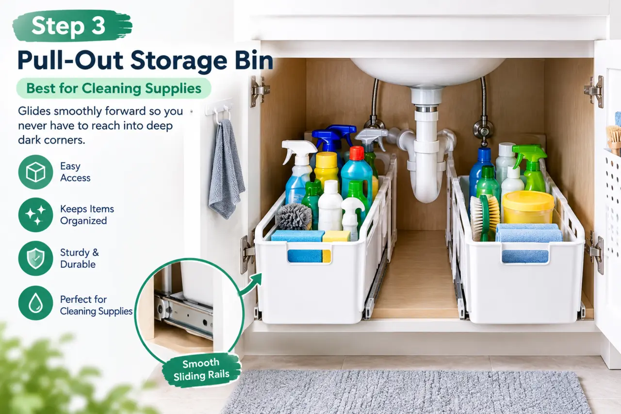Pull-out under sink storage bins holding bathroom cleaning supplies