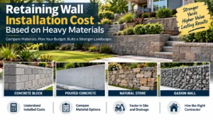 Retaining wall installation cost comparison for concrete block, poured concrete, natural stone, and gabion walls