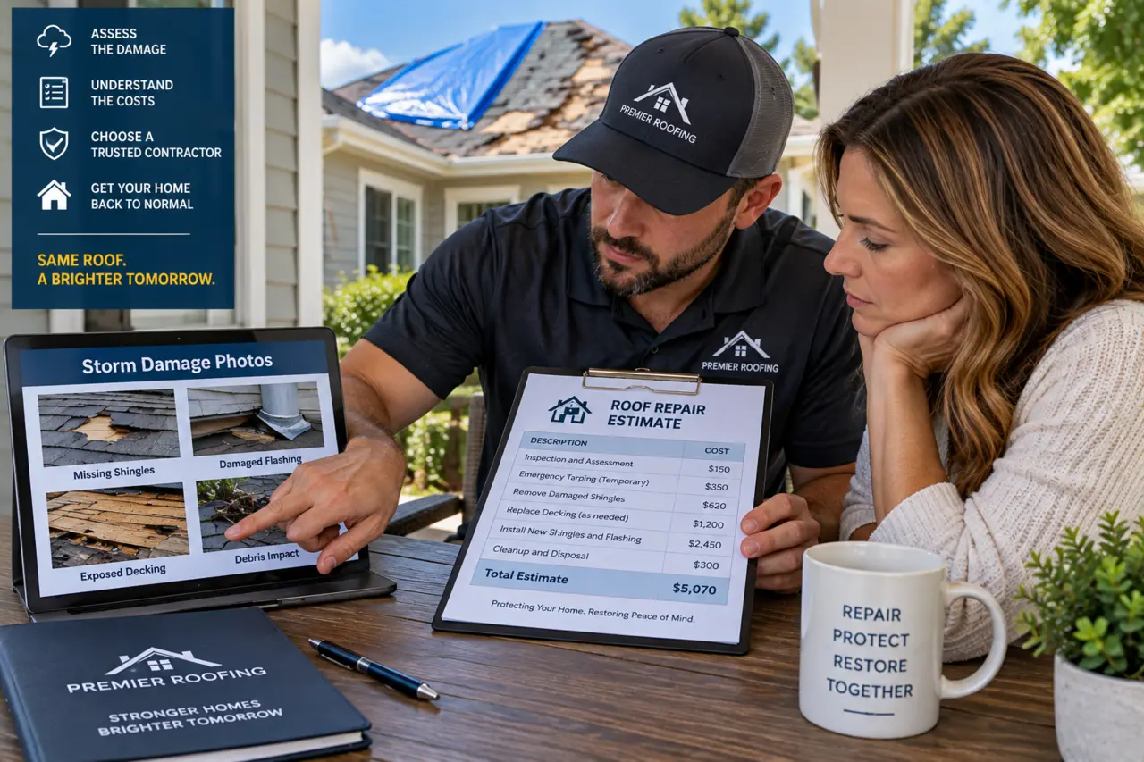 Homeowner reviewing roof damage photographs and a written repair estimate