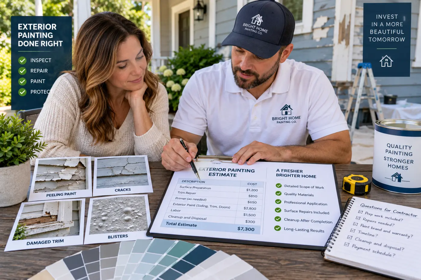 Exterior painting estimate with paint samples and photographs of siding damage