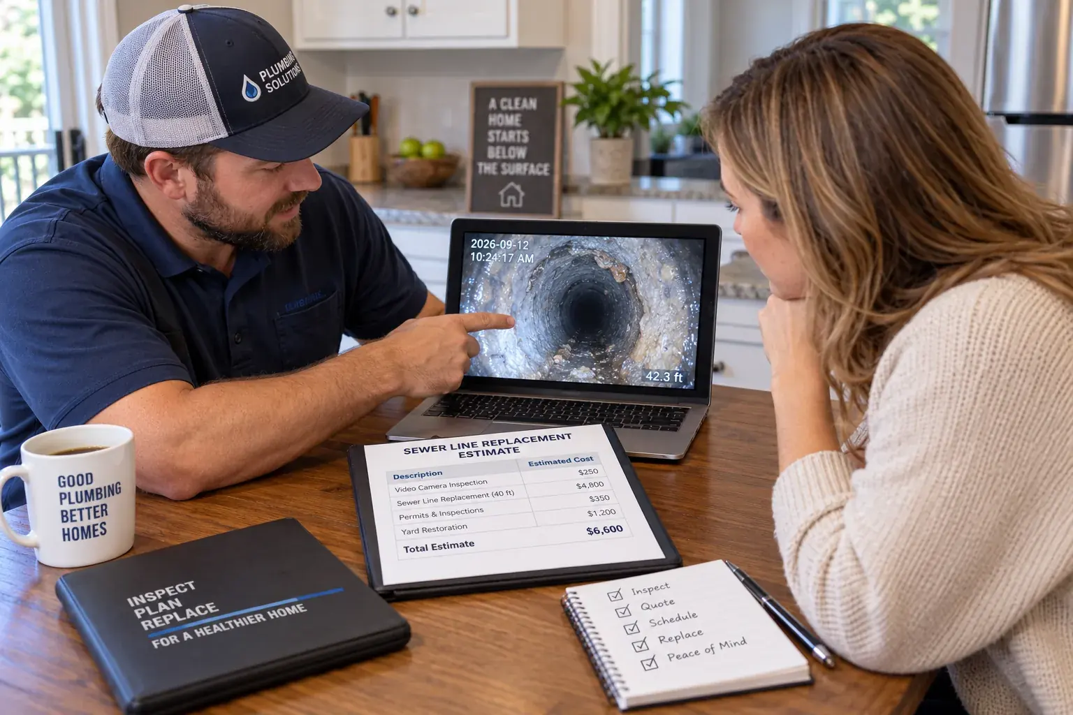 Homeowner reviewing a sewer camera inspection and replacement estimate with a plumber